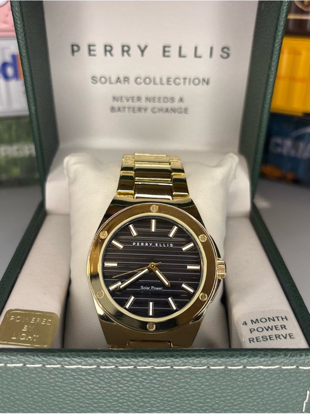 Perry Ellis Solar Gold-Tone Bracelet Watch with Black Striped Dial